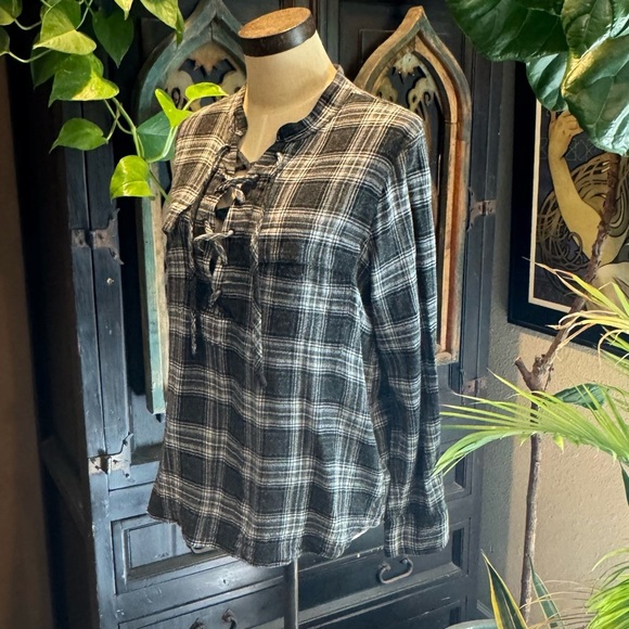 Madewell Terrence lace up pop over plaid flannel wool blend top - Picture 4 of 14